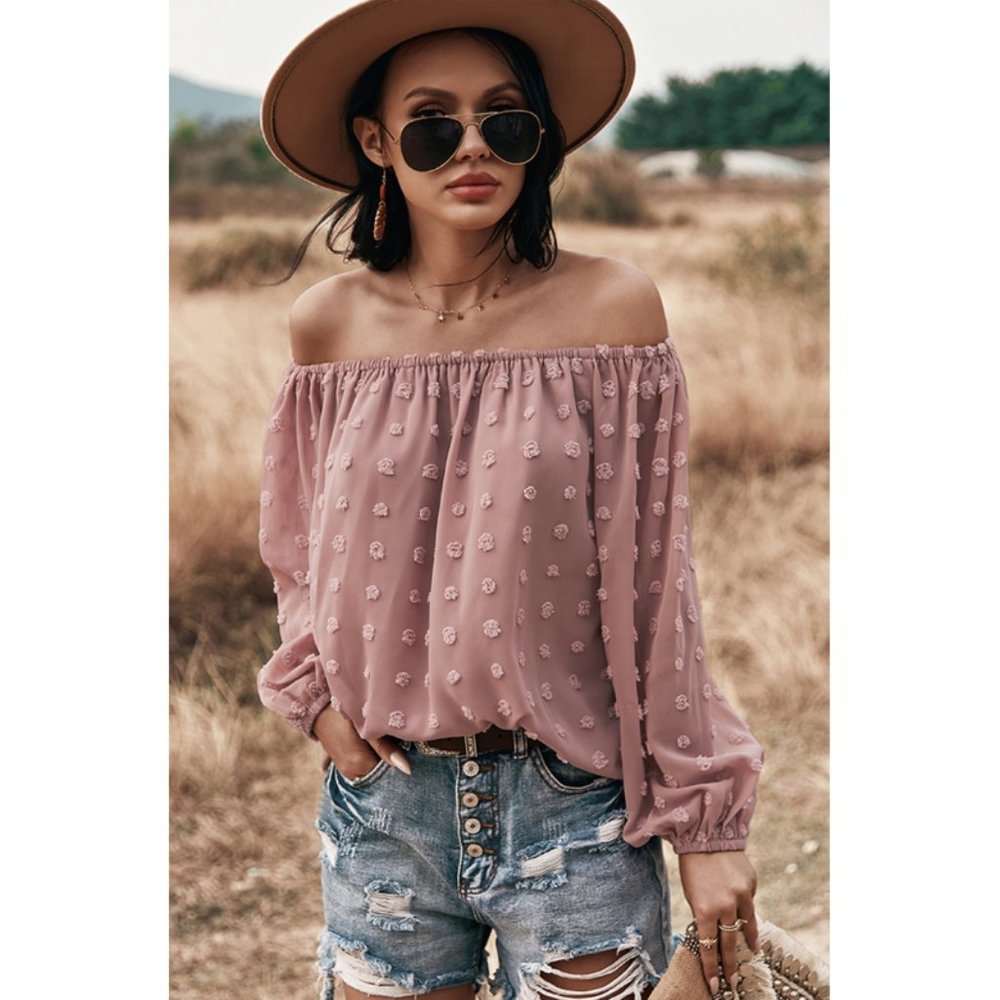 Boho Off Shoulder Loose Bubble Sleeve Top Pink - Picture 9 of 10